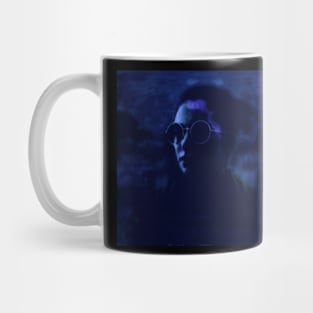 Beautiful girl with round glasses. Dark, like in night dream. White and blue. Mug